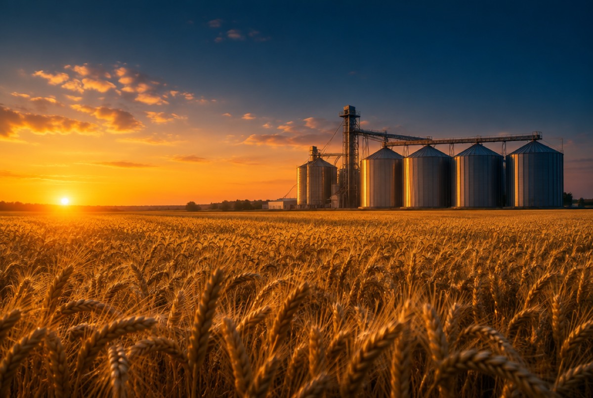 Golden wheat field with grain silos at sunset