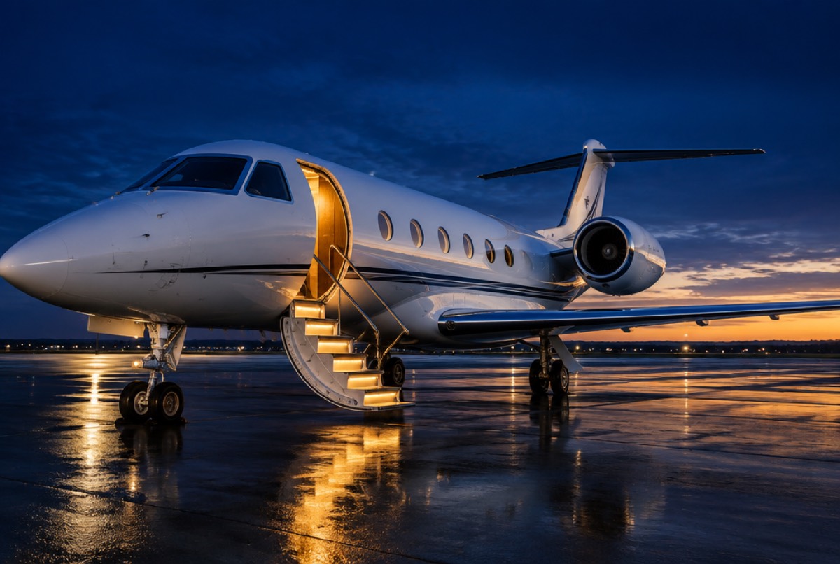 Private jet on the apron at blue hour