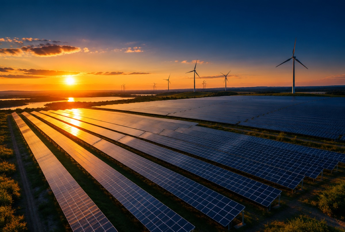 Solar farm and wind turbines at golden hour
