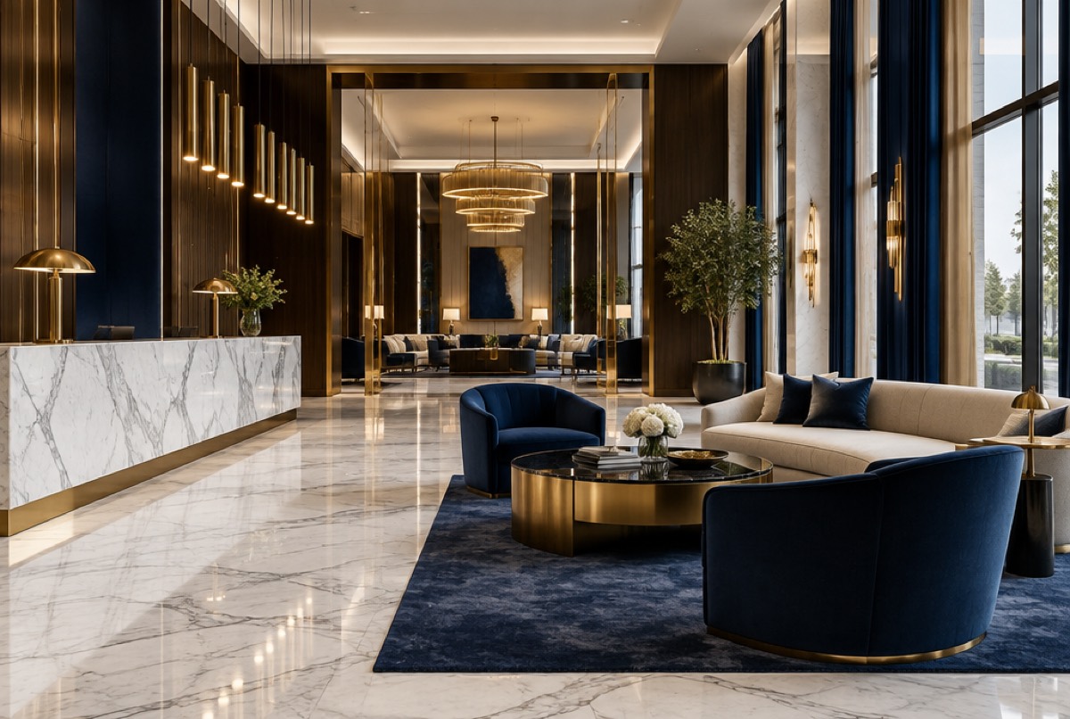 Luxury hotel lobby with marble floors