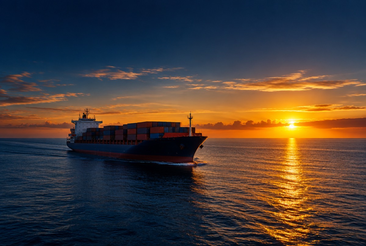 Cargo vessel at sea at sunset