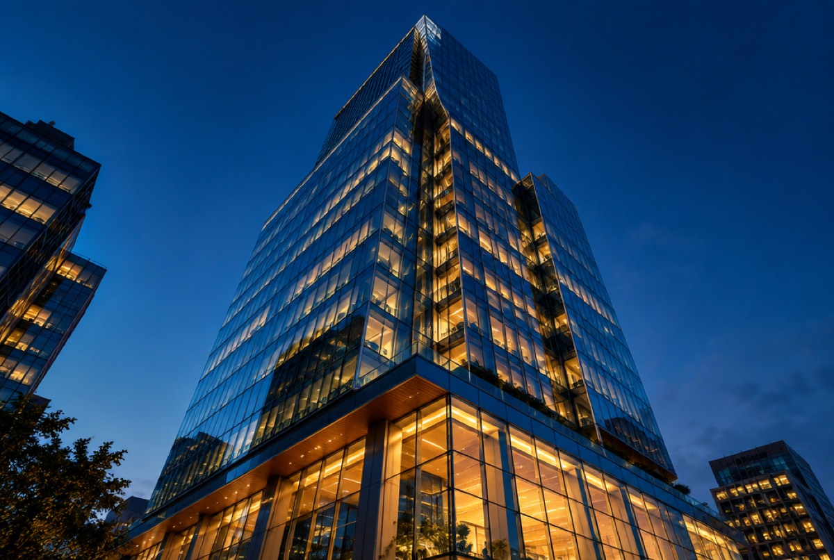 Modern office tower at blue hour